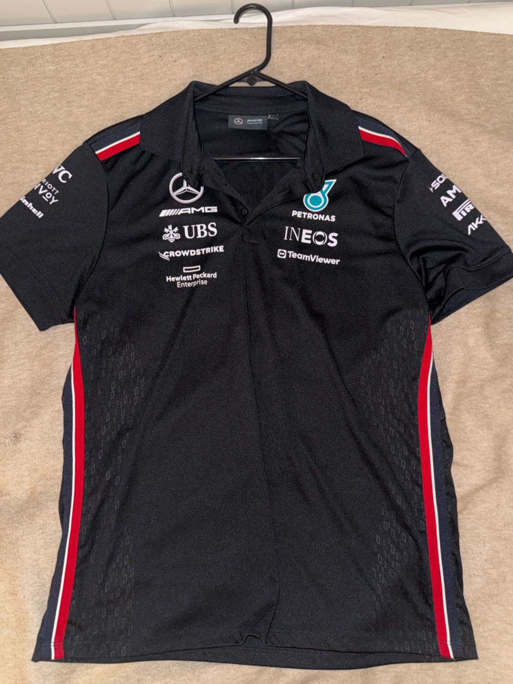 Mercedes AMG Petronas Black Polo with Red and White Stripes